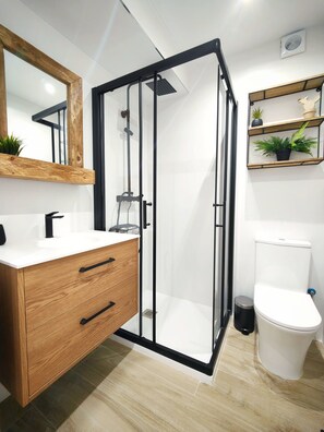 Douche, séchoir à cheveux, serviettes fournies