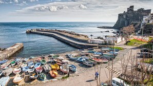 Et kystlandskab med en buet stenkaj, der strækker sig ud i havet, omgivet af mange små både.