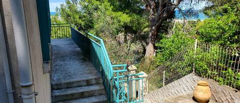 A staircase leading to a terrace with a view of trees and a body of water.