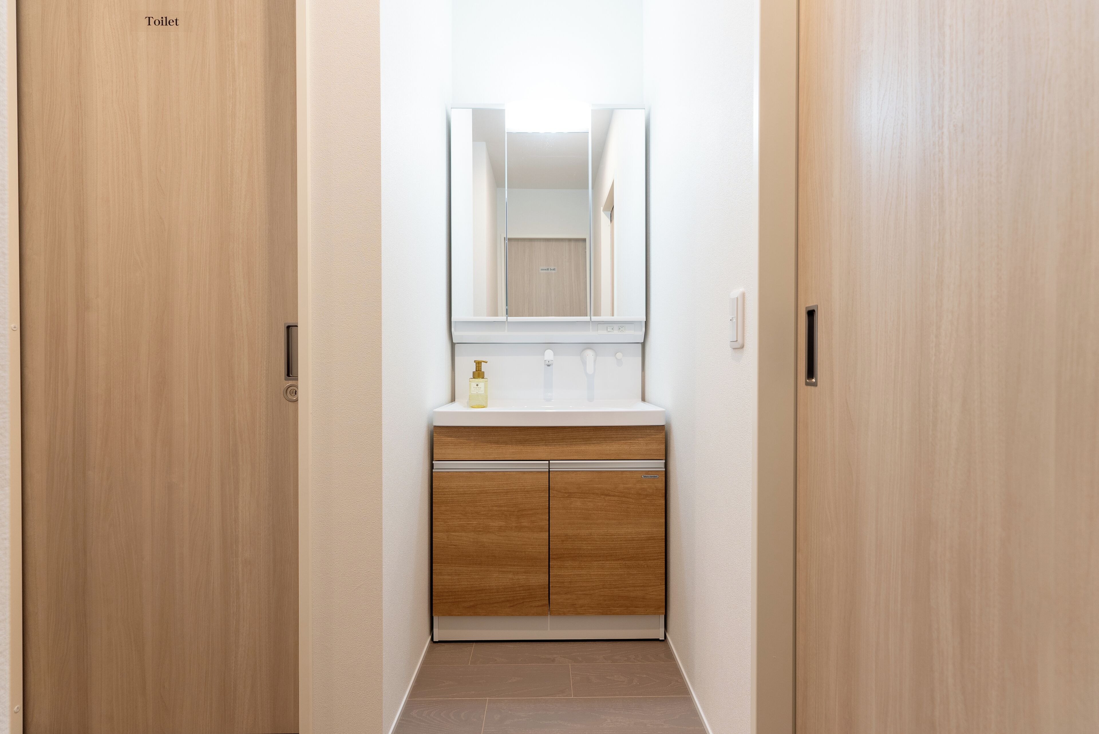 A narrow hallway with a wooden door labeled "Toilet" on the left, a mirror above a sink with a bottle on the counter, and a wooden cabinet below.