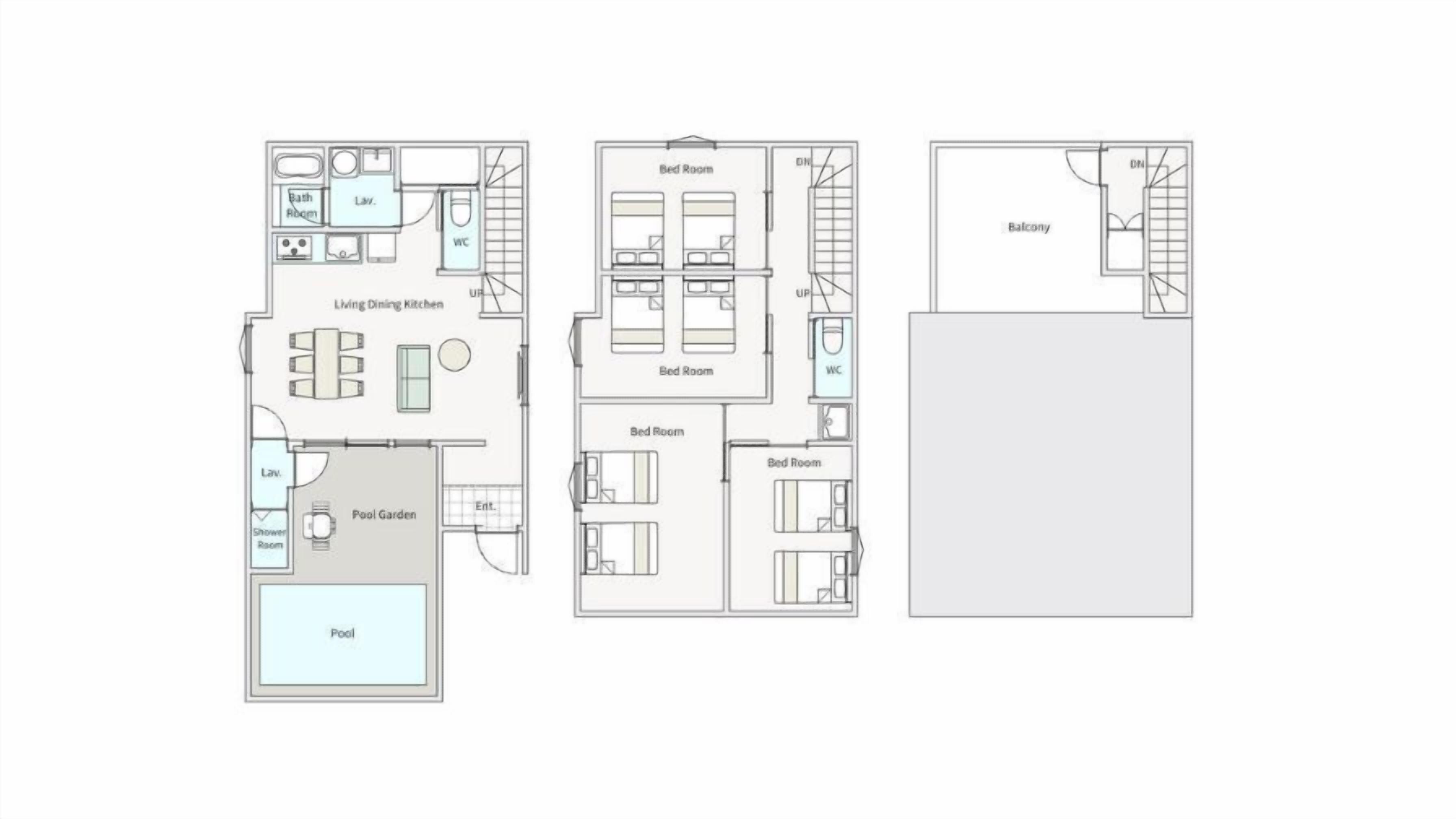Plano de planta con piscina, sala de estar, comedor, cocina y varios dormitorios, además de un balcón.