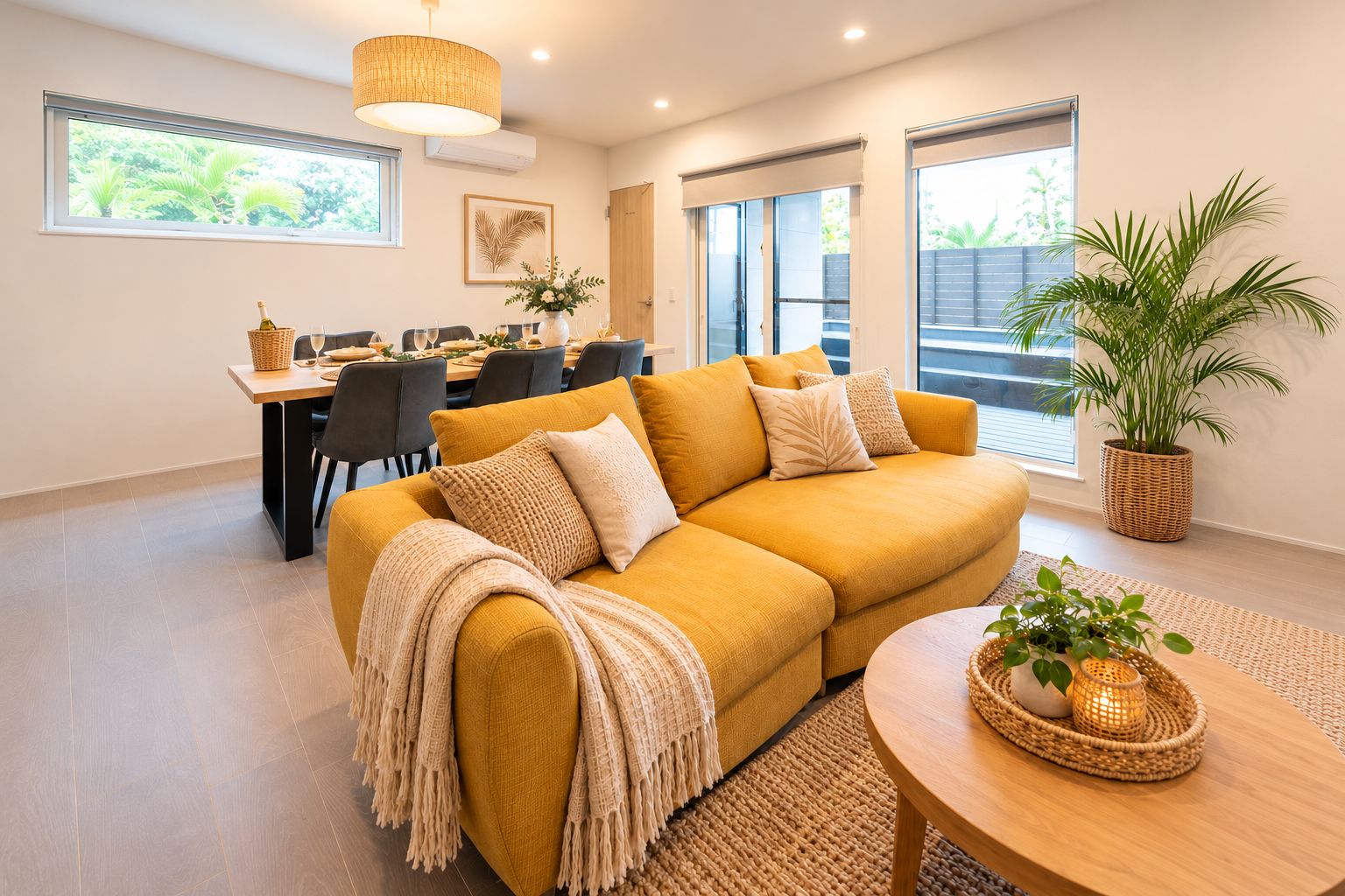 A modern living room with a sofa, dining area, and a large window.