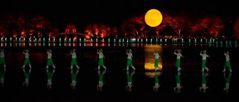 A nighttime scene with a full moon, illuminated trees, and a reflective water surface.