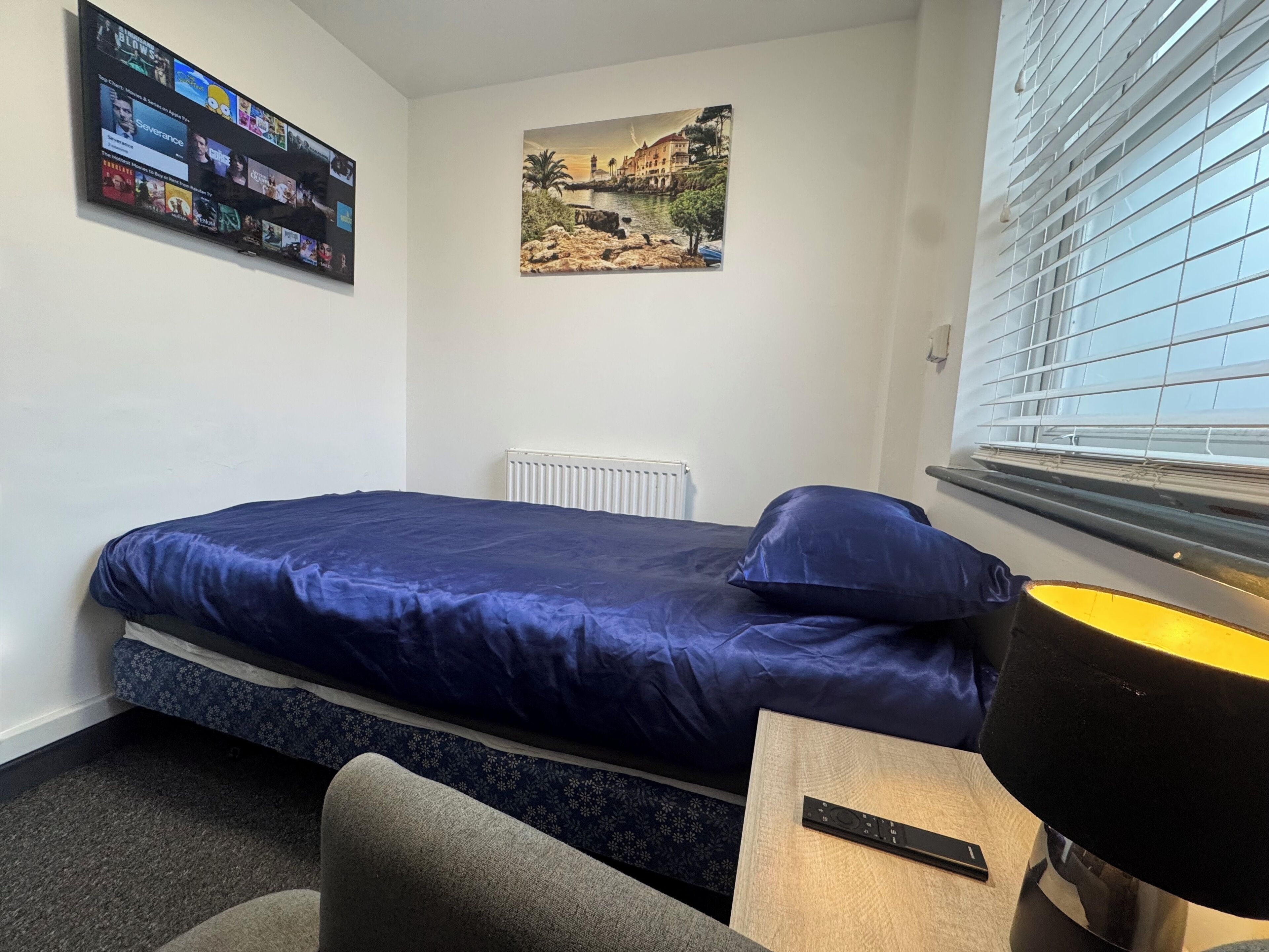 Un dormitorio con cama, un cuadro, un televisor y una ventana con persianas.