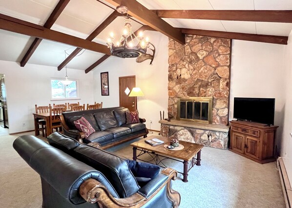 Smart TV, chimenea, libros