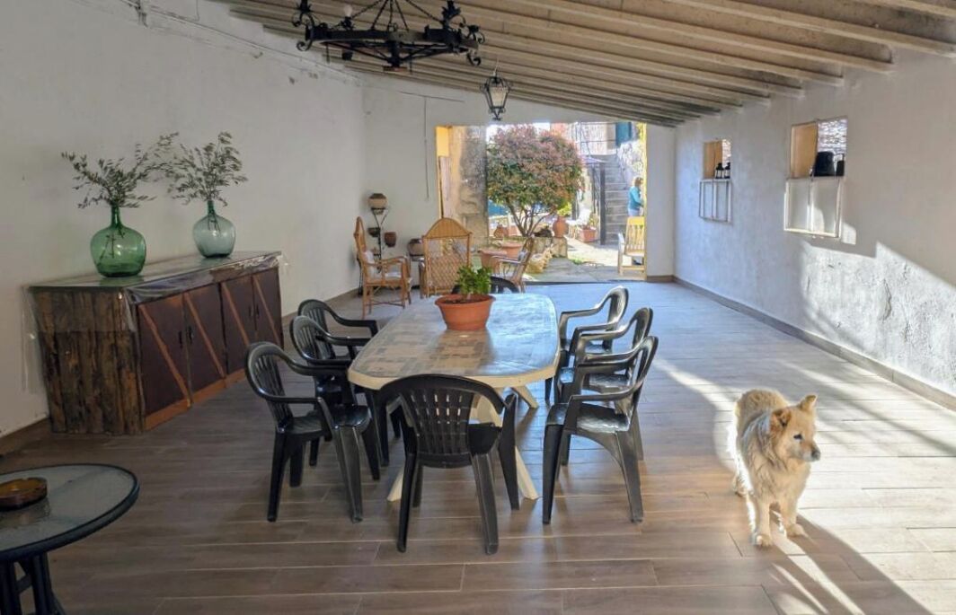 Un comedor con una mesa y sillas de madera, un armario con jarrones, y un perro en primer plano.