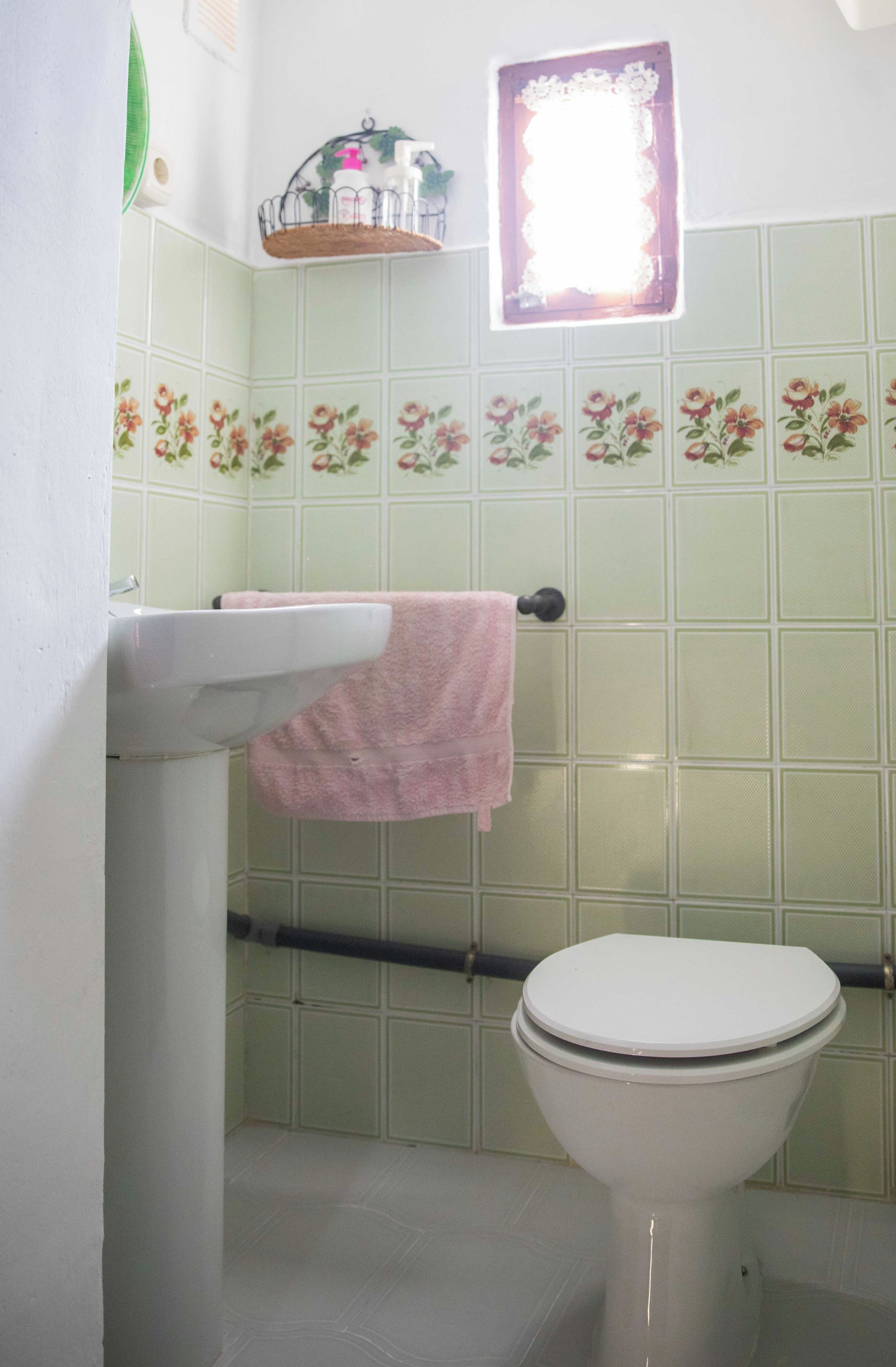 Un baño con inodoro, lavabo y zona de ducha.