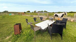 Een terras buiten met een tafel en stoelen, een barbecue en een omheind weidegebied met paarden.