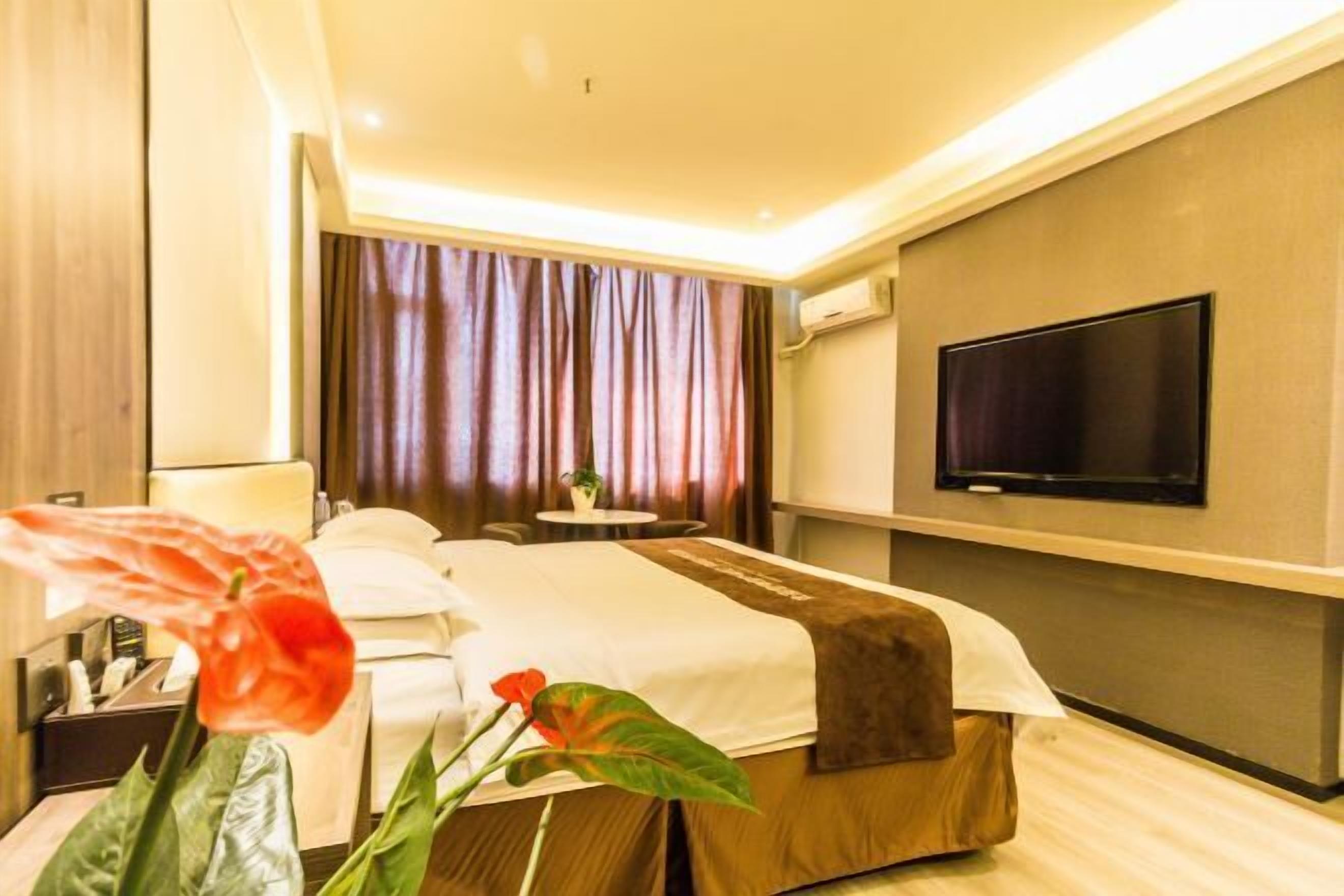 Habitación de hotel con cama, televisión, una mesita y una planta.