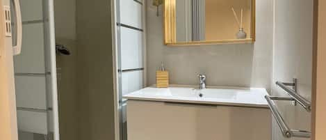 Regadera, secadora de cabello, toallas, papel de baño