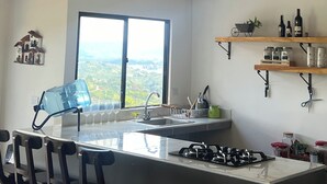Een moderne keuken met zichtbare houten balken, een groot raam met uitzicht, en een bar met krukken.