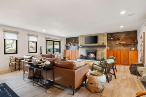TV, fireplace, books