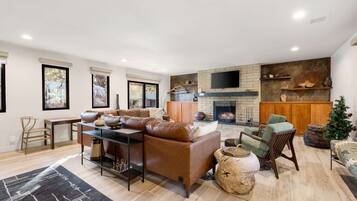 TV, fireplace, books