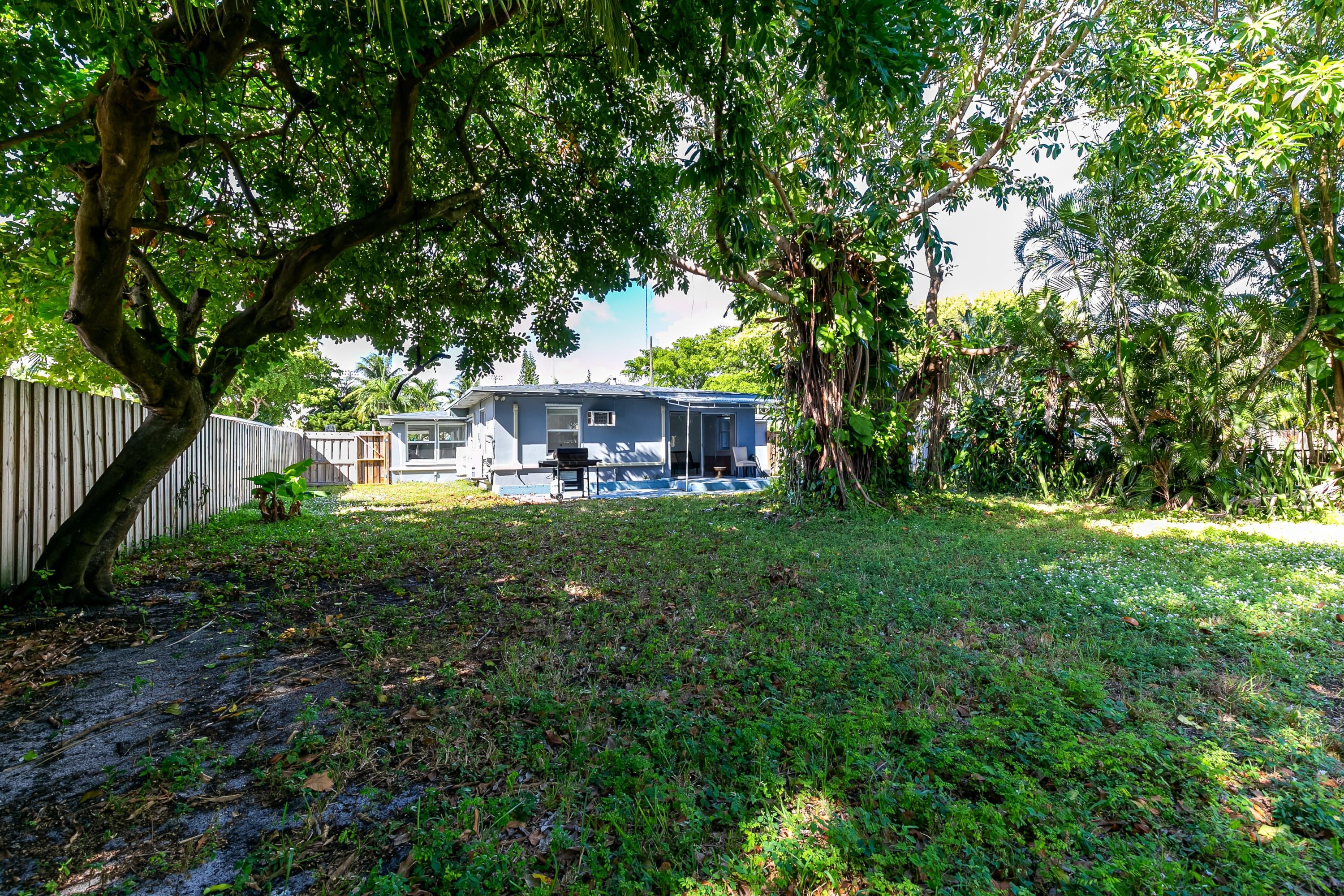 A residential backyard with a house, a wooden fence, and a variety of trees and shrubs.