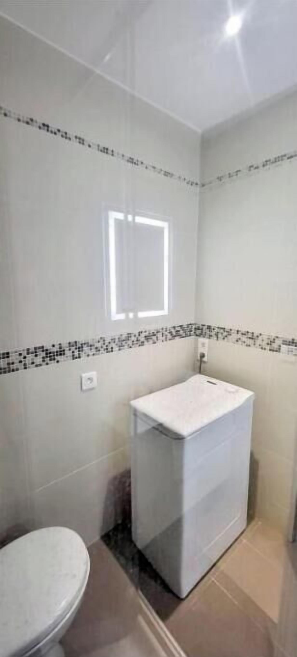 A small bathroom with a toilet, a sink, and a window.