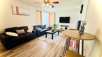 Smart TV, fireplace, DVD player
