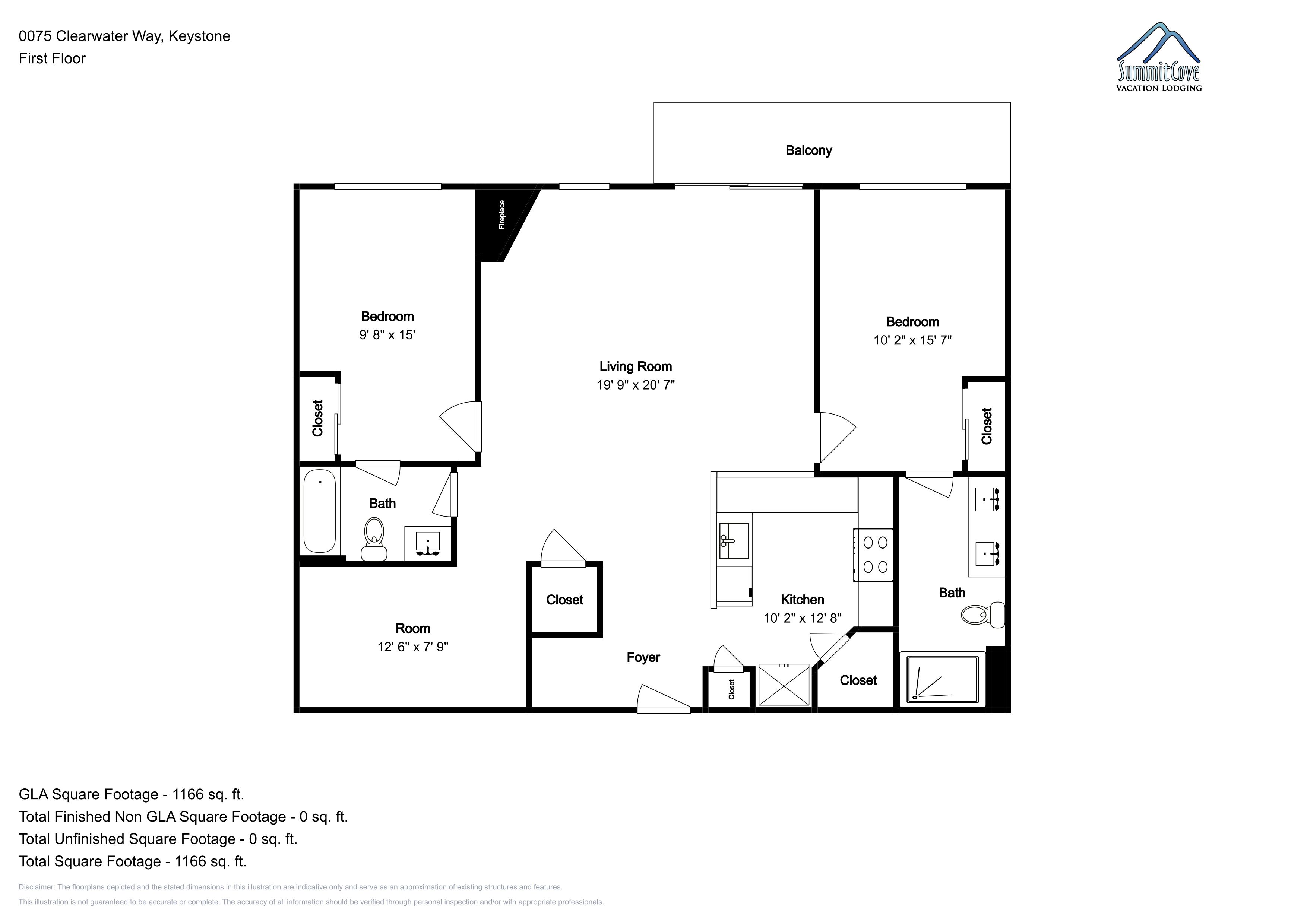 A floor plan of a vacation lodging at 0075 Clearwater Way, Keystone, First Floor. It includes a balcony, two bedrooms, a living room, a kitchen, a bathroom, and a foyer.