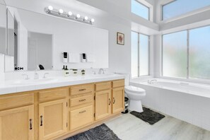 Hair dryer, towels, soap, toilet paper