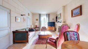 Télévision, cheminée, livres