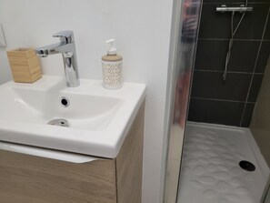 Douche, sèche-cheveux, serviettes fournies, savon