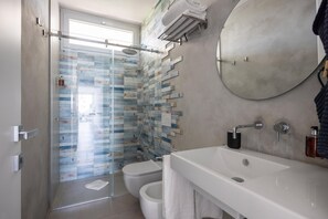 Shower, hair dryer, bidet, towels