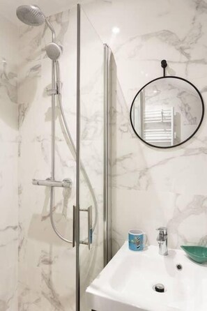 Shower, hair dryer, towels