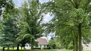 A house with a gravel driveway, surrounded by lush green trees.