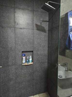 Chuveiro, secador de cabelo, toalhas de banho, sabonete