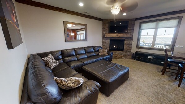 TV, fireplace, table football