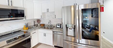 Fridge, microwave, oven, dishwasher