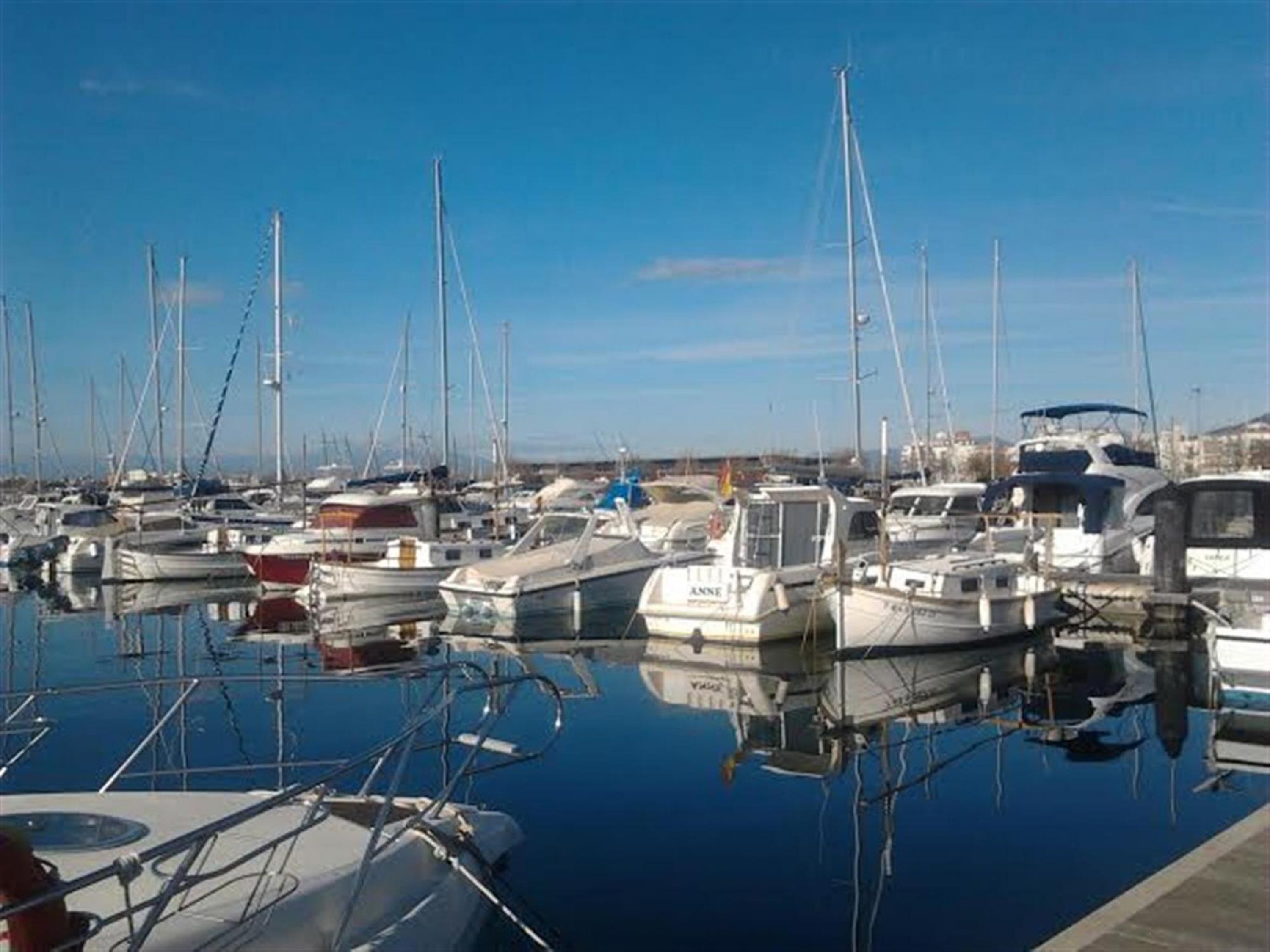 A marina with various boats docked, calm water, and clear skies.