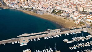 An aerial view of a coastal city with a marina filled with boats, surrounded by residential buildings and mountains in the background. - Villa- Gaviota in Roses (Roses)