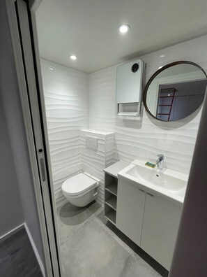 Hair dryer, towels, soap, toilet paper
