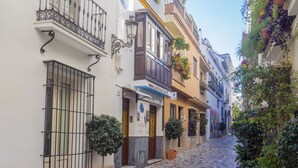 A narrow cobblestone street lined with buildings, some with balconies and potted plants. - Cubo's Casa Rural El Andaluz / private pool / free wifi / BBQ (Coín)