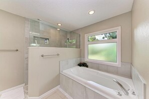 Hair dryer, towels, soap, shampoo