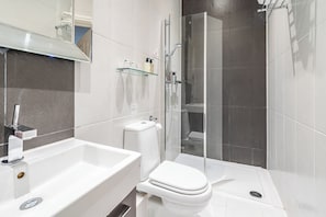 Une salle de bain moderne avec une douche à l’italienne en verre, un lavabo blanc et des toilettes.