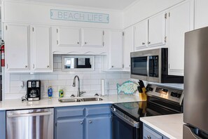 Fridge, microwave, dishwasher