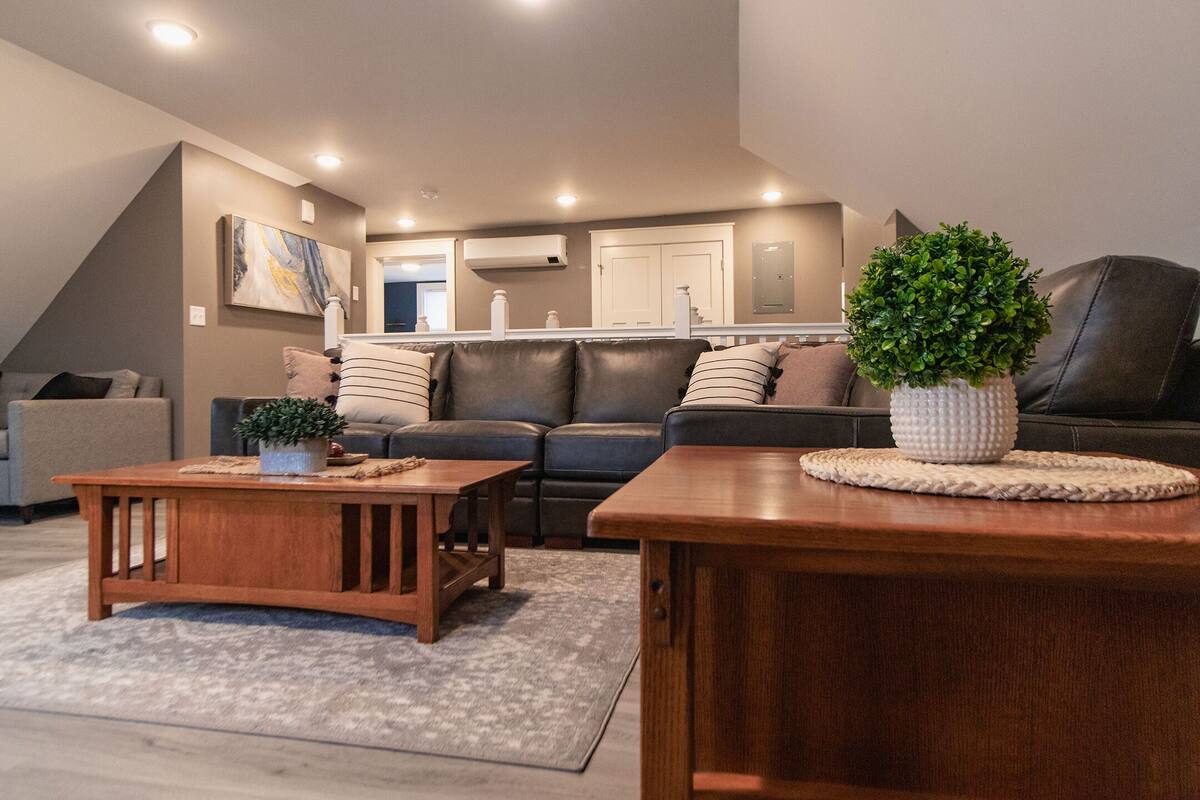 A modern living room with a dark leather sofa, wooden coffee table, and a potted plant.