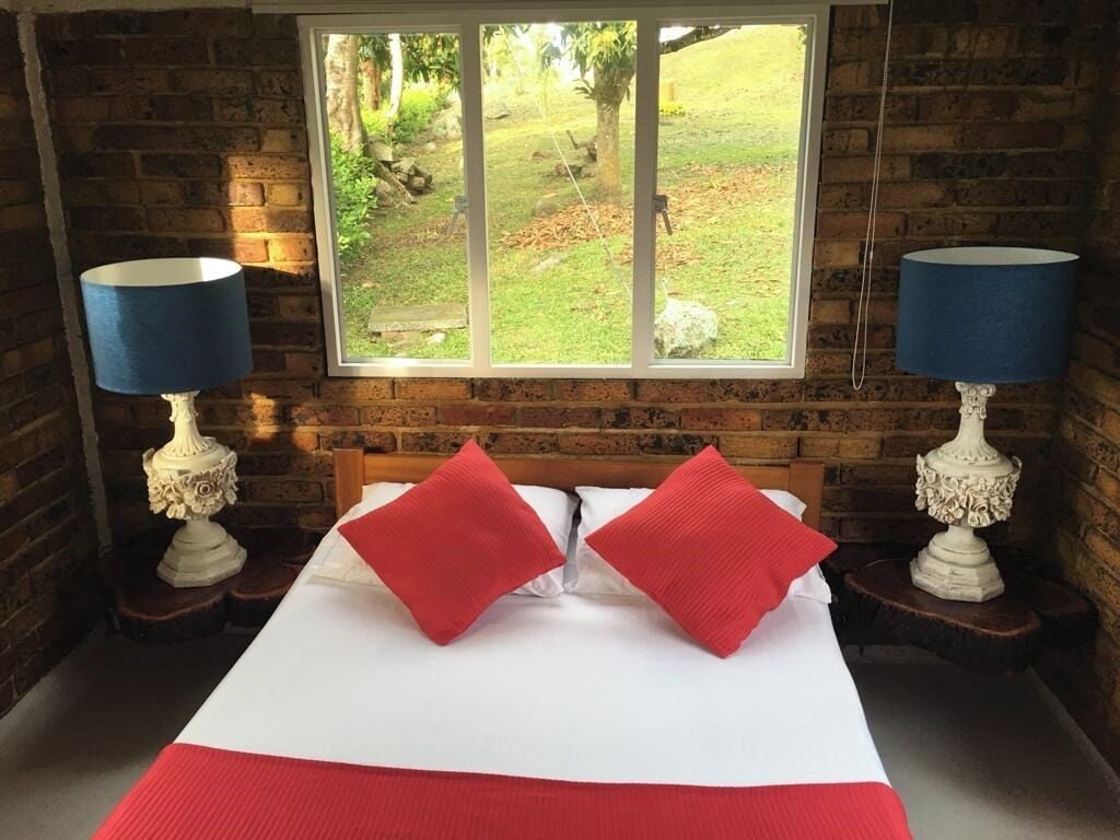 A hotel room with a large bed, two nightstands, two lamps, and a window with a view of a garden.