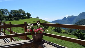 A balcony with a wooden railing overlooking a green landscape with hills and a clear sky. - Enjoy nature in its purest form (Vallfogona de Ripollès)