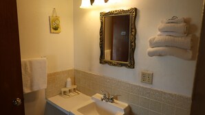 A bathroom with a sink, mirror, towel rack, and a wall-mounted light fixture. - Bonne Belle Motel (Kewaskum)