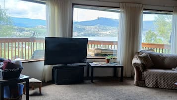 Een smart-tv, een open haard, boeken en een muziekbibliotheek
