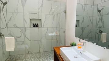 Hair dryer, towels, soap, shampoo