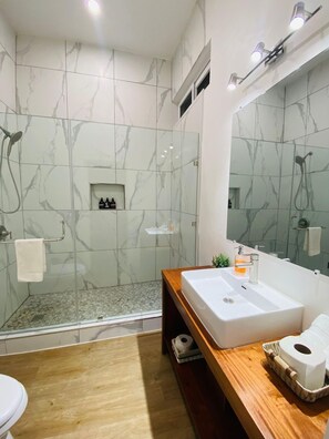 Hair dryer, towels, soap, shampoo