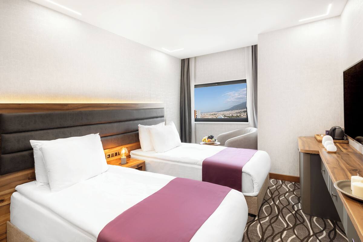 A hotel room with two beds, a desk with a computer, a TV, and a window with a city view.