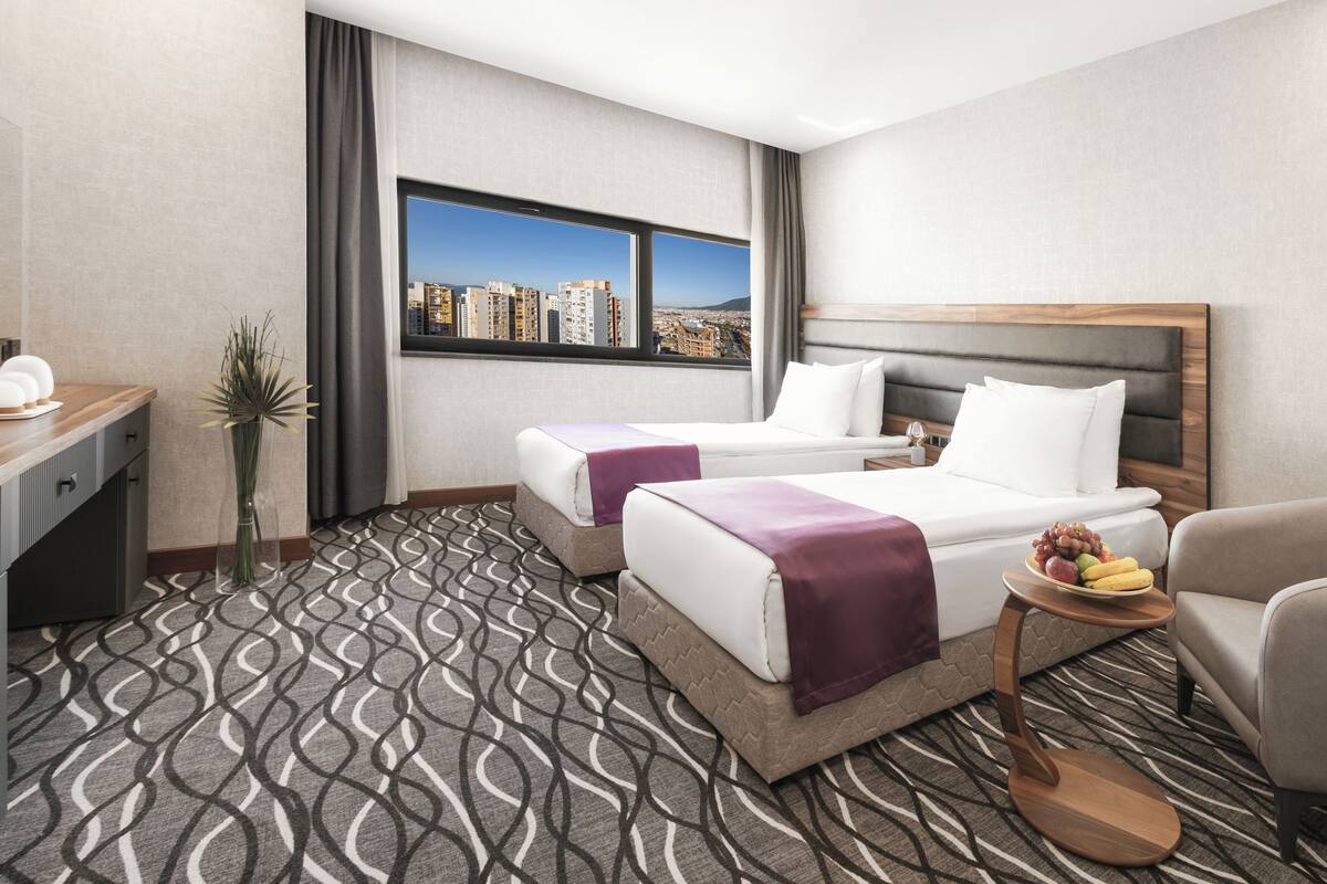 A hotel room with two beds, a desk, a chair, a small table with fruit, and a city view.