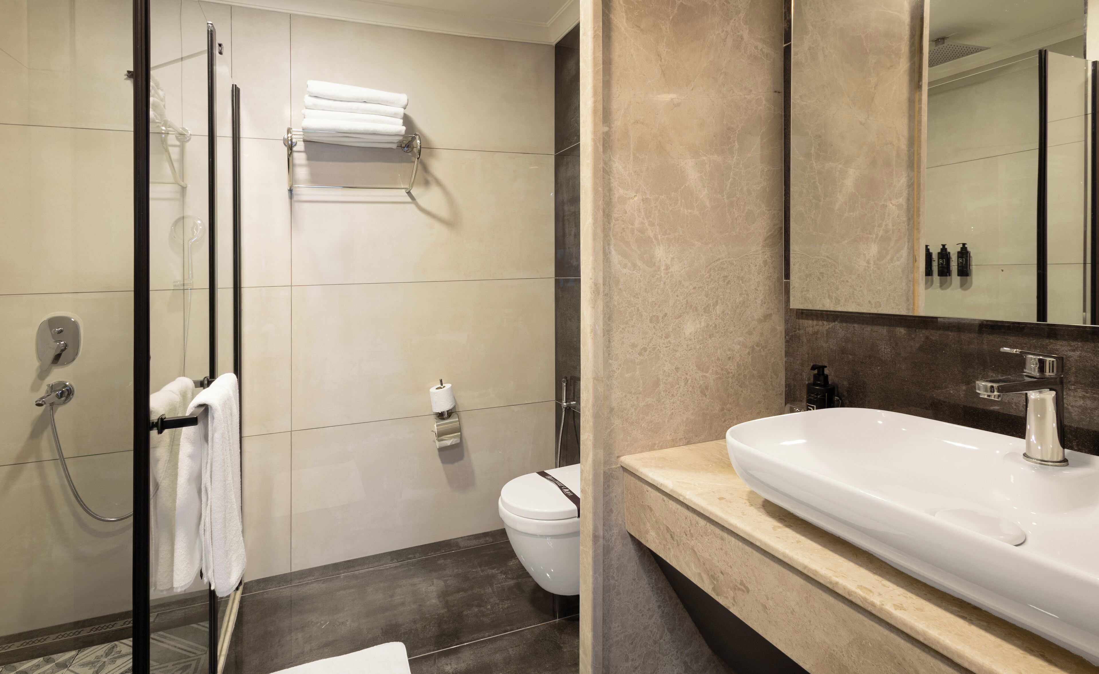 A modern bathroom with a glass shower enclosure, a white sink, and a toilet.