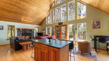 Smart TV, fireplace, books