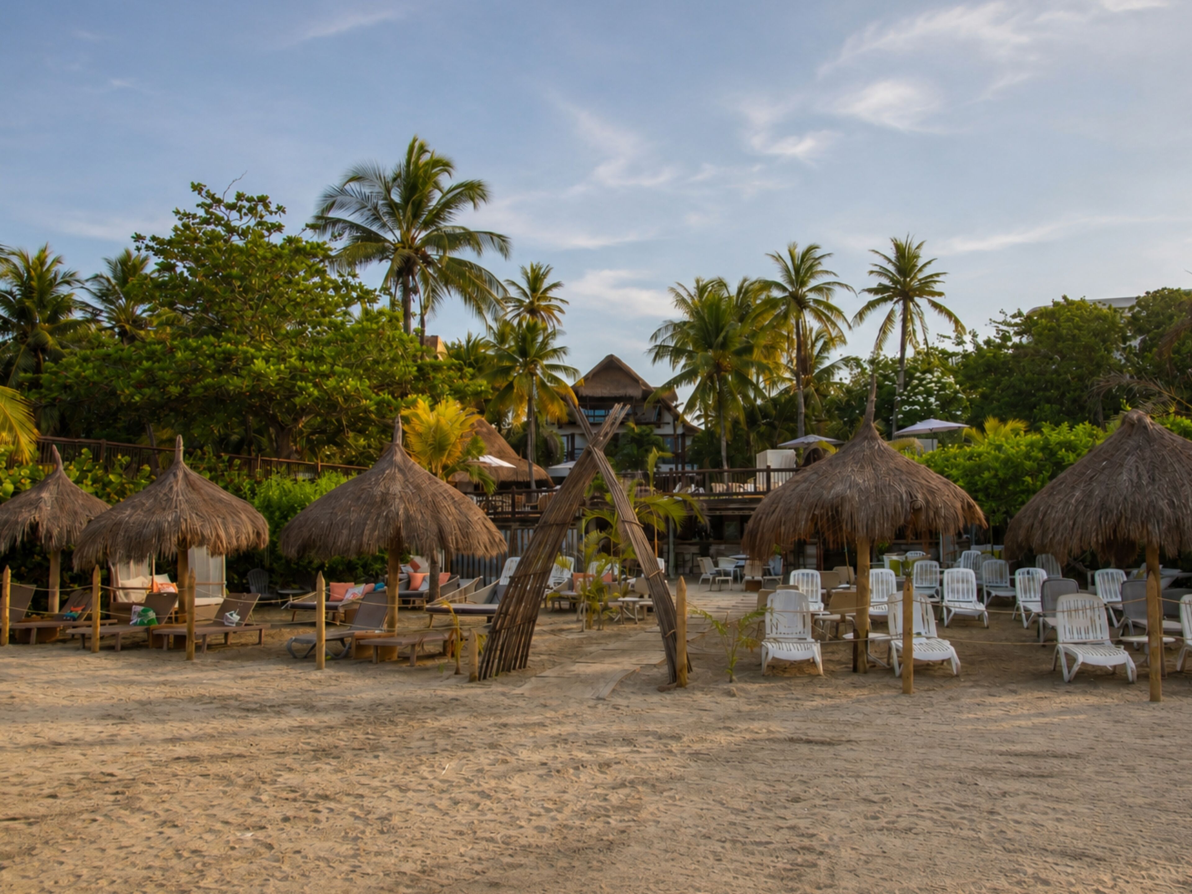 A beach with thatched umbrellas, white lounge chairs, and palm trees.