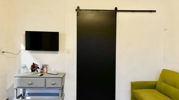 A room with a sliding door, a television mounted on the wall, a small table with a plant, and a green sofa.